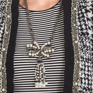 Chicos Faux-Pearl Bow Genesis Convertible Gunmetal Tassel Statement Necklace New
